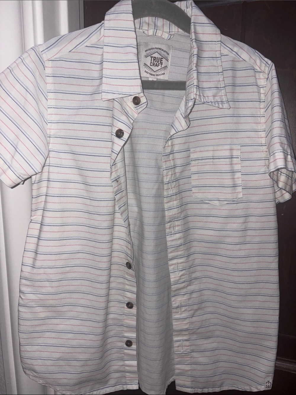 True Craft White Short-Sleeve Button-Down with Blue, Red, Stripes